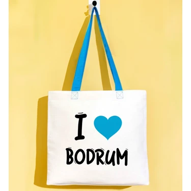 Bk Gift I Love Bodrum Turkuaz Renkli Kulp Gabardin Bez Çanta Fiyatı