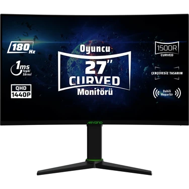 Monster Aryond A27 V2 27" 180Hz QHD 1 Ms HDR10 300 Nit G-Sync FreeSync Curved Pivot VA Oyuncu