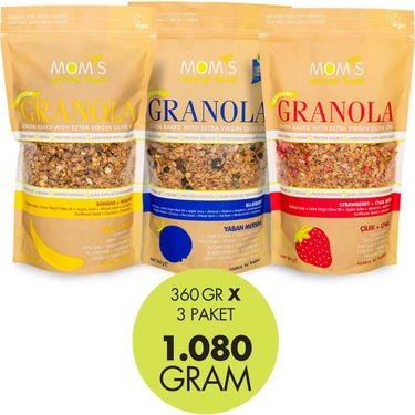 Mom's Natural Foods 3'lü Granola Muz-Ceviz 360 gr / Yaban Mersini 360 gr / Çilek-Chia 360