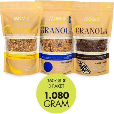 Mom's Natural Foods 3'lü Granola Muz-Ceviz 360 G / Yaban Mersini 360 G / Kakao-Fındık 360