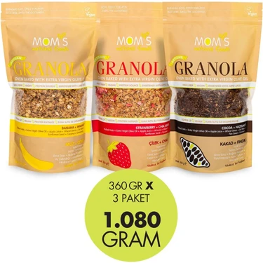 Mom's Natural Foods 3'lü granola Muz-Ceviz 360 G / Çilek-Chıa 360 G / Kakao-Fındık 360