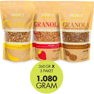 Mom's Natural Foods 3'lü granola Muz-Ceviz 360 G / Çilek-Chıa 360 G / Yer Fıstıklı 360