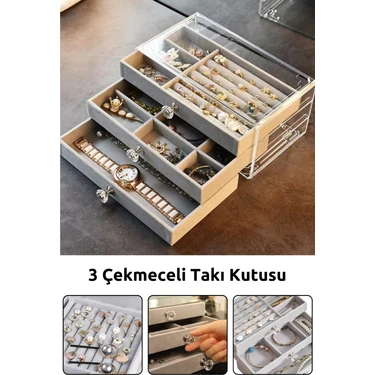 Ecrou Modern 3 Çekmeceli Takı Bijuteri Mücevher Kutusu Organizer Düzenleyici Şeffaf 13 x 23 x 10