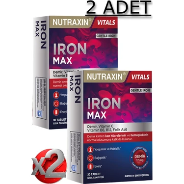 Nutraxin 2 Adet Nutraxin Iron Max 30 Adet Tablet - (Demir, Vitamin C, B6, Folik Asit,