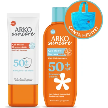 Arko Suncare SPF50+ Vücut Güneş Losyonu 200 ml & SPF50+ Yüz Güneş Kremi 50 ml Çanta Hediyeli Ikili