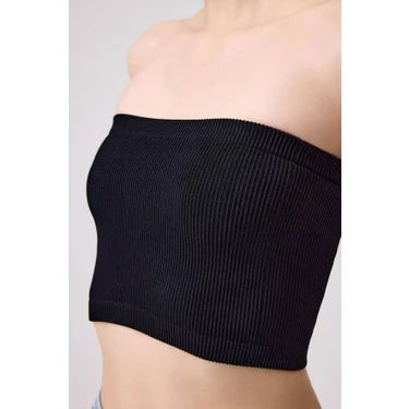 Cottonhill Premium - Kadın Siyah Seamless Straplez Crop Top