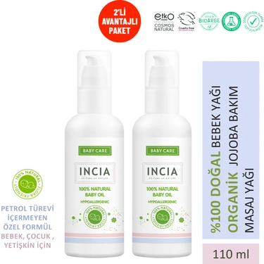 INCIA %100 Doğal Bebek Yağı Organik Jojoba Bakım Masaj Yağı Parafinsiz Bitkisel Vegan 110 ml X2