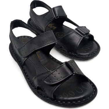 Magic Shoes Hakiki Deri Ortopedik Erkek Sandalet Siyah Renk Yumuşak Tabanlı Rahat