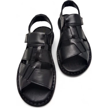 Magic Shoes Hakiki Deri Ortopedik Erkek Sandalet Siyah Renk Yumuşak ve Rahat