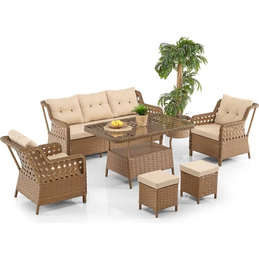 EVDEMO Deniz Rattan Puflu Bahçe Balkon Takımı 3+1+1