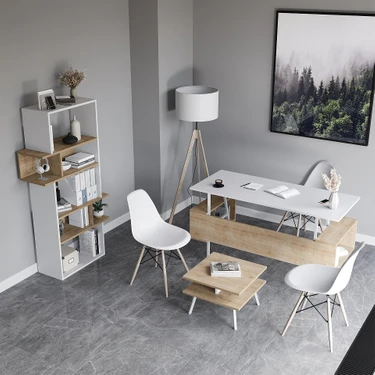 Lagomood İrony İnfy Ofis Takımı Beyaz Meşe Metal Ayaklı 160 cm Genişlikte Minimalist