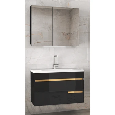 Alfa Banyo Viosen-Ea Siyah-Gold 80 cm Çekmeceli Mdf-Aynalı Lavabolu Banyo Dolabı Takımı Demonte