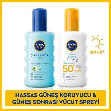 Nivea Sun Hassas Yüksek Güneş Koruyucu Sprey SPF50 200 ml + Nemlendirici Güneş Sonrası Spreyi 200