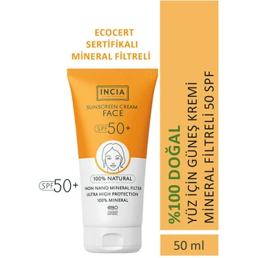 INCIA %100 Doğal Yüz Güneş Kremi Leke Karşıtı Mineral Filtreli Yüksek Koruma SPF50 UVA UVB 50