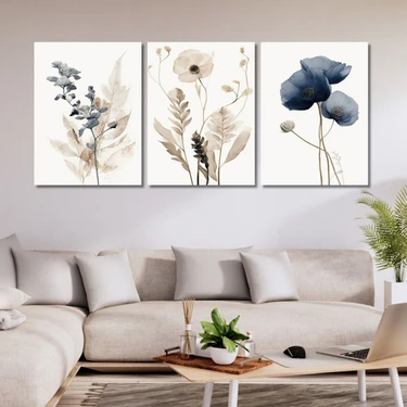 Gaagart 3'lü Kanvas Duvar Tablosu Pastel Soft Mavi