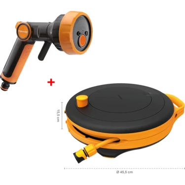 Fiskars Sulama Tabancası 4 Fonksiyonlu + Hortum Makara Seti S 3/8" Siyah 9 mm 15