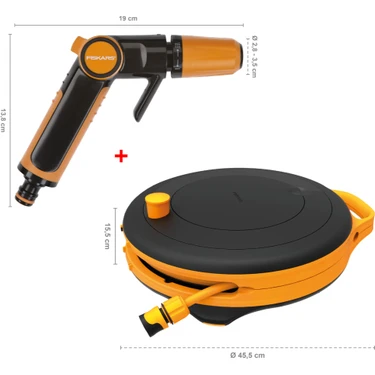 Fiskars Sulama Tabancası + Hortum Makara Seti S 3/8" Siyah 9 mm 15