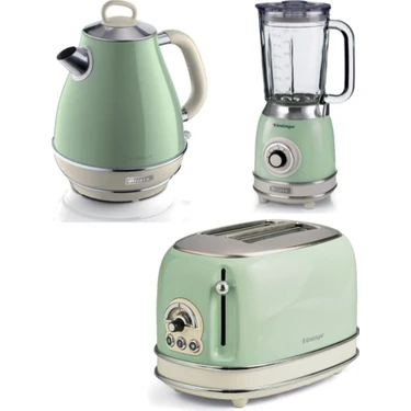 Ariete C / F Vintage Kettle, Ekmek Kızartma Makinesi ve Cam Blender 1000 Watt Yeşil Yeşil Modern