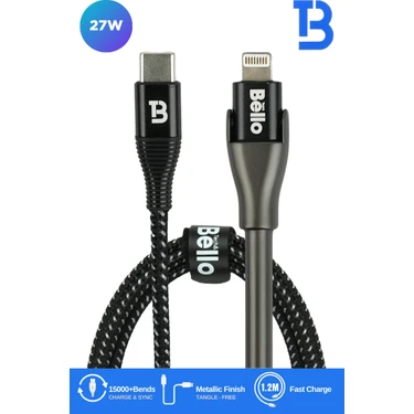 Bello BA-02 Type-C Lightning Standlı Koruyuculu Örgülü Hızlı Şarj Data Kablosu 27W