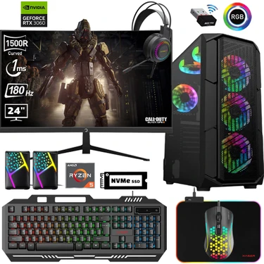 Xaser XSR608 Ryzen 5 5600 32GB Ram 1tb M.2 Nvme SSD 12GB RTX3060 24"curved 180Hz Oyun