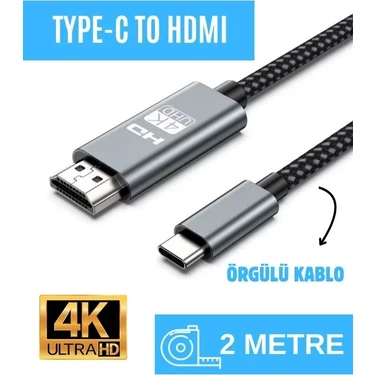 2 Metre HDMI Kablo 4K Full Hd Tv Monitör Uydu Alıcısı Pc Uyumlu Type C To HDMI