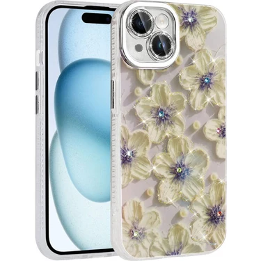 iPhone 15 Kılıf Çiçek Desenli Parlak Taşlı Sert Silikon Garden