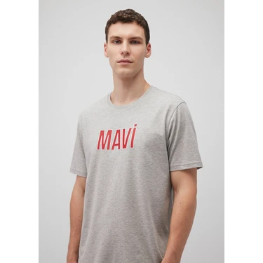 Mavi Logo Baskılı Gri