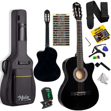 Midex CG-390BK-XBAG Siyah Klasik Gitar 4/4 Sap Ayarlı Kesik Kasa Full Set (Çanta Tuner Askı Capo