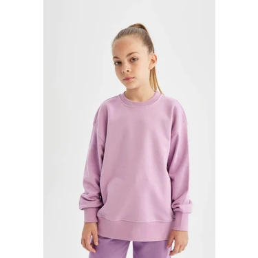 DeFacto Kız Çocuk Lila Relax Fit Bisiklet Yaka Pamuklu Basic Düz Okul Sweatshirt