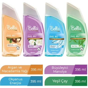 Bella Duş Jeli 395 ml x 4 Adet Okyanus Enerjisi+Büyüleyici Manolya+Argan+Yeşil