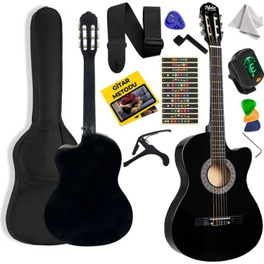 Midex CG-395BK Siyah Klasik Gitar 4/4 Sap Ayarlı Kesik Kasa Full Set (Çanta Askı Tuner Metod