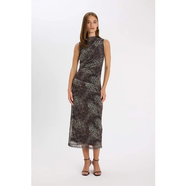 DeFacto Bodycon Vücuda Oturan Bisiklet Yaka Leopar Desenli Tül Kolsuz Maxi Elbise