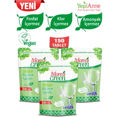 Mom's Green 3’lü Set - 50’li Oksijenli Bulaşık Makinesi Tableti 150