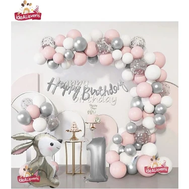 Store Gümüş Pembe Lüks 1 Yaş Tavşan Folyo Doğum Günü Süsü Doğum Günü Parti Balon Zincir