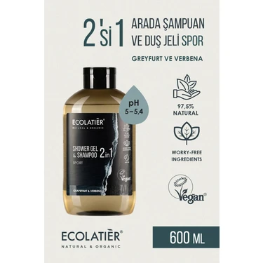 ECOLATIER 2'si 1 Arada Erkek Duş Jeli ve Şampuan Spor, Tazeleyici Antioksidan Temizleyici Vitaminli