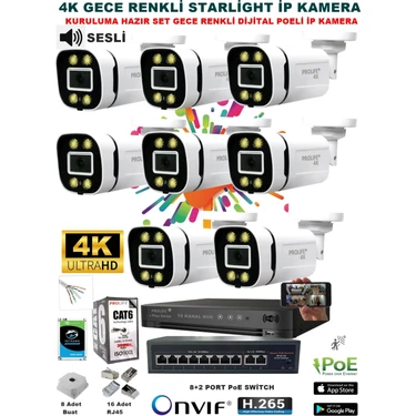 Prolife 8 Kameralı Sesli 4K 1440P Full Hd Poeli Ip Kamera Gece Renkli Ultra Hd Çözünürlük Kamera