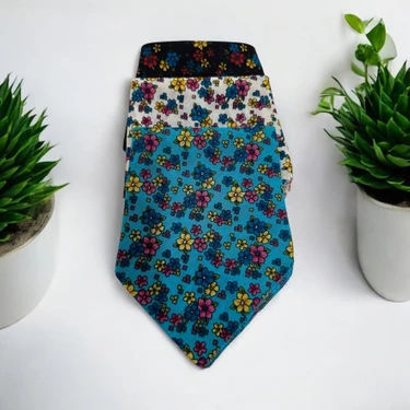Kadın Siyah, Beyaz ve Mavi Renk Içi Çiçek Desenli %100 Koton 3'lü Bandana, Saç