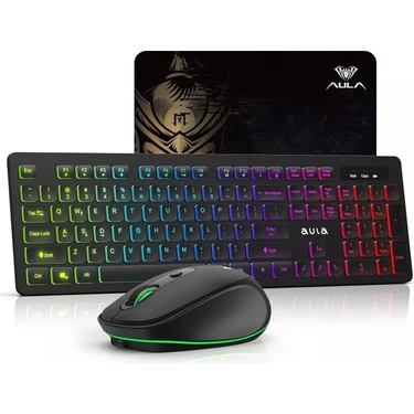 Aula AC208 Rainbow 2.4GHz Kablosuz Şarjlı Türkçe Q Klavye / Mouse ve Mousepad