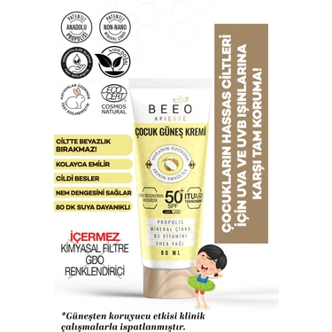 BEE'O Propolisli Organik Çocuk Güneş Kremi SPF 50+, Tüm Cilt Tipleri İçin Suya Dayanıklı ve