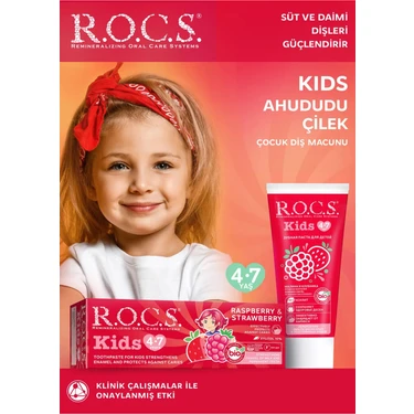 R.O.C.S. Kids Diş Macunu 45 gr Ahududu Çilek Aromalı 4-7 Yaş Florürlü Doğal İçerikli Hassas Diş