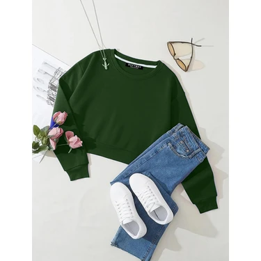 Kadın Basic Crop Içi Polarlı Oversize Sweatshirt -