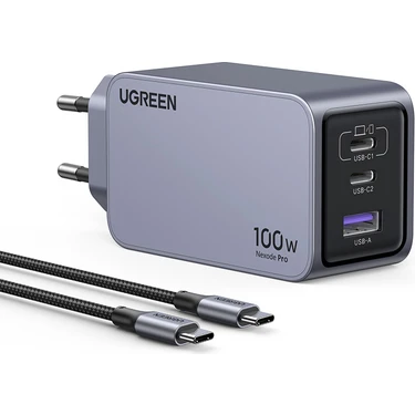 UGREEN Nexode Pro 100W GaN Hızlı Şarj Cihazı QC PD 2xUSB-C, 1xUSB-A, Uzay Grisi -