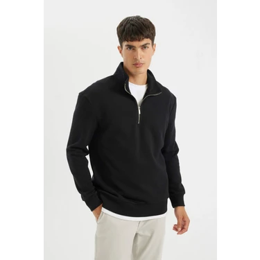 DeFacto Siyah Comfort Regular Fit Rahat Kalıp Dik Yaka Fermuarlı Kalın Basic Düz Sweatshirt