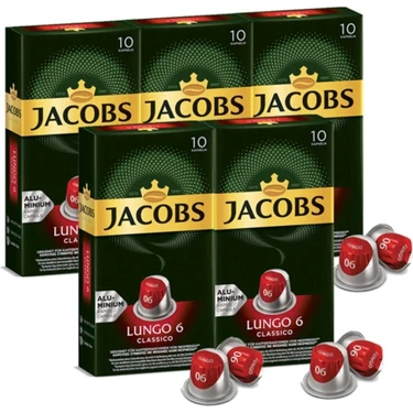 Jacobs Lungo 6 Classic Nespresso Uyumlu Alüminyum Kapsül Kahve 10 Adet X 5