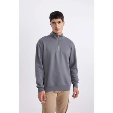 DeFacto Comfort Regular Fit Rahat Kalıp Fermuarlı Dik Yaka Basic Sweatshirt