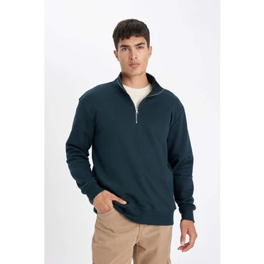 DeFacto Comfort Regular Fit Rahat Kalıp Fermuarlı Dik Yaka Basic Sweatshirt