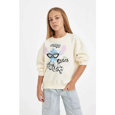 DeFacto Kız Çocuk Disney Lilo & Stitch Relax Fit Bisiklet Yaka Sweatshirt