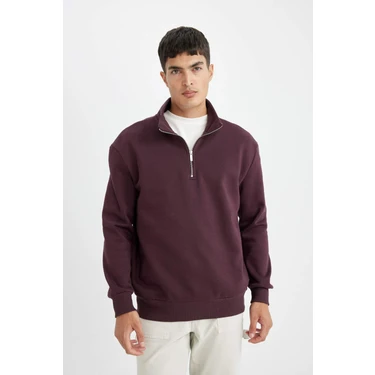 DeFacto Koyu Bordo Comfort Regular Fit Rahat Kalıp Dik Yaka Fermuarlı Kalın Basic Düz Sweatshirt