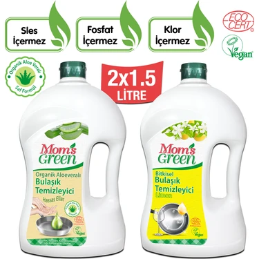 Mom's Green 2'li Set 1500 ml Aloeveralı ve Limonlu Organik Elde Bulaşık Temizleyici 2x1500