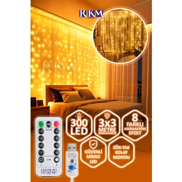 Rkm Store 3x3 Dekoratif Peri Perde LED Usbli Kumandalı 300 Ledli Gün Işığı